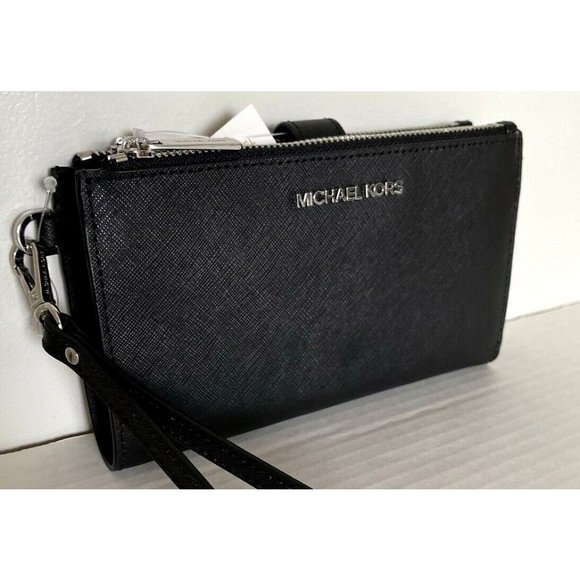 New Michael Kors Jet Set Travel Double zip wristlet Leather wallet Black Silver - Picture 1 of 6
